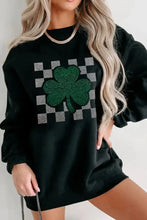Women’s Rhinestone Checkered Lucky Clover Black Long-Sleeve Sweatshirt
