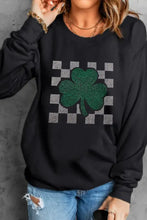 Rhinestone checkered lucky clover black long-sleeve sweatshirt on checkered background