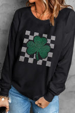 Rhinestone Checkered Lucky Clover Round Neck Sweatshirt Woman Sweatshirts