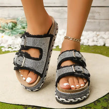 Rhinestone double buckle platform sandals with silver embellishments