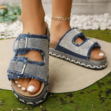 Sparkling rhinestone double buckle platform sandals with denim trim