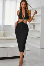 Rhinestone Halter Neck Cutout Slit Midi Dress Black Cocktail Dress