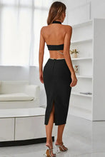 Rhinestone Halter Neck Cutout Slit Midi Dress Cocktail Dress