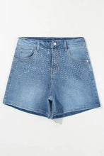 Rhinestone high waist denim shorts, slightly stretchy with light wash