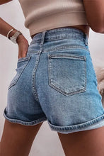 Rhinestone high waist denim shorts with cuffed hems and pockets