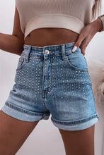 Rhinestone high waist denim shorts with rolled cuffs and rhinestones