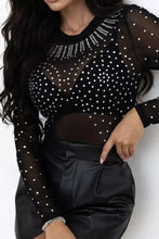 Black sheer long sleeve bodysuit featuring sparkling silver rhinestones in a dotted and cascading pattern