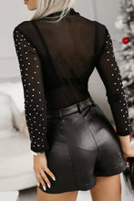 Black sheer long sleeve bodysuit with white polka dots and high neckline rhinestone long sleeve bodysuit