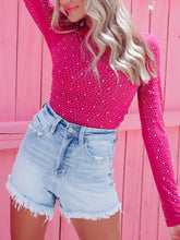 Fuchsia round neck long sleeve bodysuit adorned with white rhinestones designed for stylish occasions