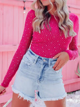 Fuchsia rhinestone round neck long sleeve bodysuit with white polka dots and sheer mesh fabric detail
