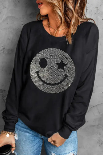 Rhinestone Smile Long Sleeve Sweatshirt Black Woman Sweatshirts