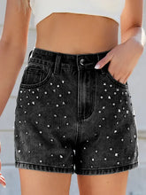 Rhinestone washed high waist denim shorts with studded black finish