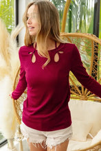 Rib Knit Maroon Top with Shoulder Cutouts and Tied Neck Detail Woman T Shirts