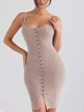 Taupe ribbed knit bodycon sweater dress with spaghetti straps and button front