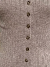 Beige ribbed knit Ribbed Button-Front Bodycon Sweater Dress with dark brown buttons