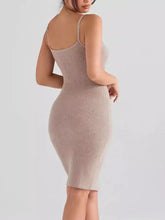 Ribbed button-front bodycon sweater dress in soft beige, back view