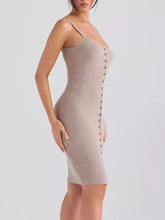 Taupe ribbed knit button-front bodycon sweater midi dress with spaghetti straps