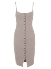 Taupe ribbed knit bodycon sweater dress with spaghetti straps and button front