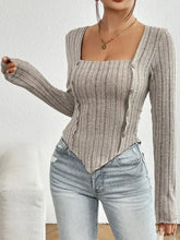 Ribbed Decorative Button Long Sleeve T-Shirt Woman T Shirts