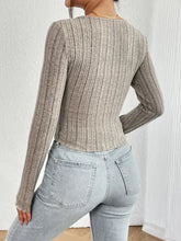 Ribbed decorative button long sleeve top in light brown taupe