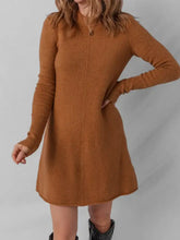 Cozy camel-colored ribbed mini sweater dress with high neckline