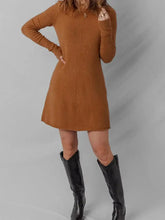 Cozy camel-colored ribbed mini sweater dress with front zipper and cuffs