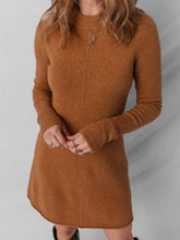 Cozy camel-colored ribbed mini sweater dress with high neckline and cuffs