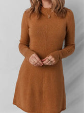 Cozy camel-colored ribbed mini sweater dress with high neckline and cuffs