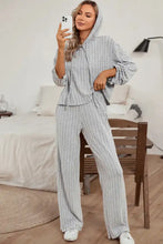 A cozy light gray ribbed knit ribbed drawstring hoodie and pants lounge set with long sleeve length and wide-leg pants