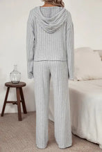 Gray ribbed knit hooded pajama set with long sleeve length featuring drawstring hoodie and pants lounge set