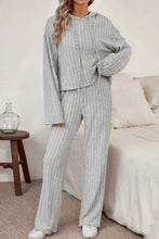 Gray ribbed knit two-piece loungewear set with long sleeve length hoodie and drawstring pants for comfortable wear