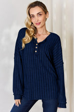 Ribbed Half Button Knit Top for Women Long Sleeve Rust Dark Blue