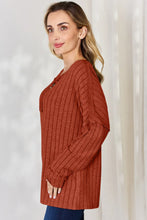Ribbed Half Button Knit Top for Women Long Sleeve Rust