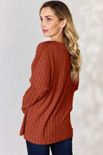 Ribbed Half Button Knit Top for Women Long Sleeve Rust
