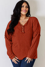 Ribbed Half Button Knit Top for Women Long Sleeve Rust