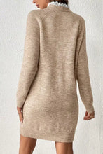 Beige ribbed hem raglan sleeve sweater dress with high neckline and lace trim