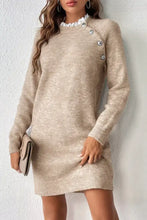 Beige textured knit sweater dress with ribbed hem, raglan sleeves, white lace collar, silver buttons