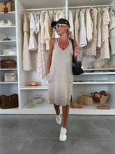 Ribbed hem v-neck beige knit sleeveless sweater dress