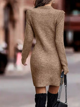 Camel-colored ribbed knit bodycon sweater dress with long sleeves and high neckline