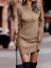 Ribbed knit bodycon sweater dress in camel with high neck and flared sleeves