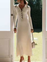 Ribbed knit button detail sweater dress, cream long-sleeved with collar