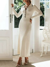 Ribbed knit button detail sweater dress, off-white with black trim, long-sleeved midi
