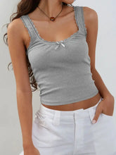 Gray ribbed knit tank top with lace trim and small white bow at center front in ribbed knit fabric