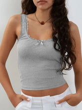 Gray ribbed knit crop top with lace trim and small white bow front detail in ribbed knit cami style