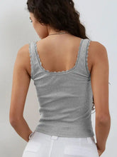 Gray ribbed knit cami top with delicate lace trim along shoulder straps and neckline for a feminine look
