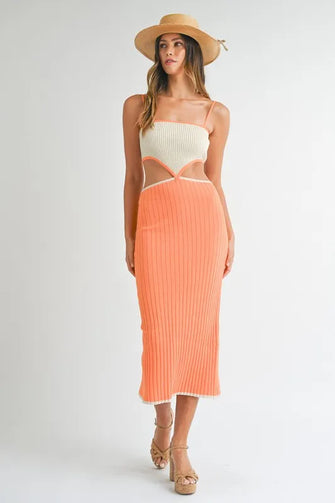 Ribbed Knit Color Block Cutout Midi Dress for Women Orange