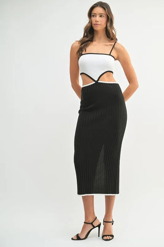 Ribbed Knit Color Block Midi Dress with Cutout Detail Black