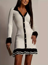 Ribbed knit contrast trim sweater dress with collar, buttons, ruffles, cuffs