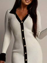 Ribbed knit contrast trim sweater dress in off-white with black trim and gold buttons