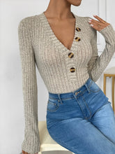 Ribbed Knit Long Sleeve Button Up Bodysuit for Women